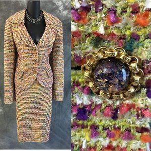 ST JOHN knit jacket green pink skirt suit size 12